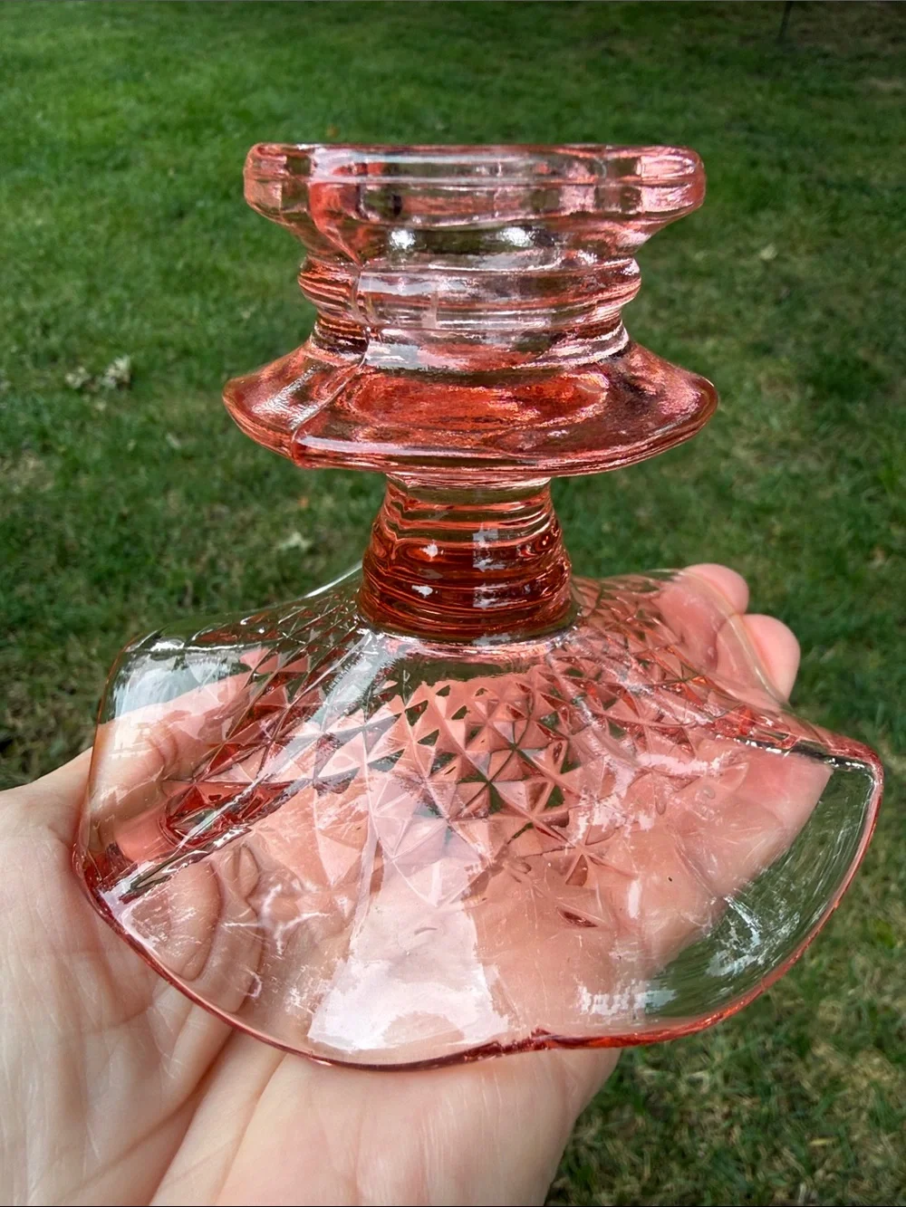 Pink Depression Glass Candle Holder with Unique Scalloped & Patterned Base EC